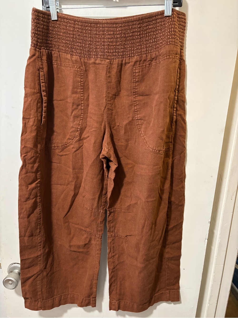 Anthropologie Pilcro Reese Smocked Linen Barrel Pants Medium Brown Boho Size M - Picture 3 of 8